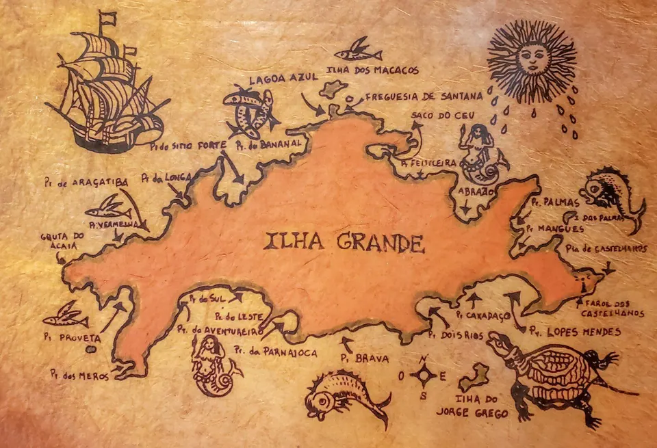 Mapa ilustrado da Ilha Grande em estilo antigo, com o Abraão, a Lagoa Azul, o Saco do Céu, Lopes Mendes, Dois Rios e o Aventureiro